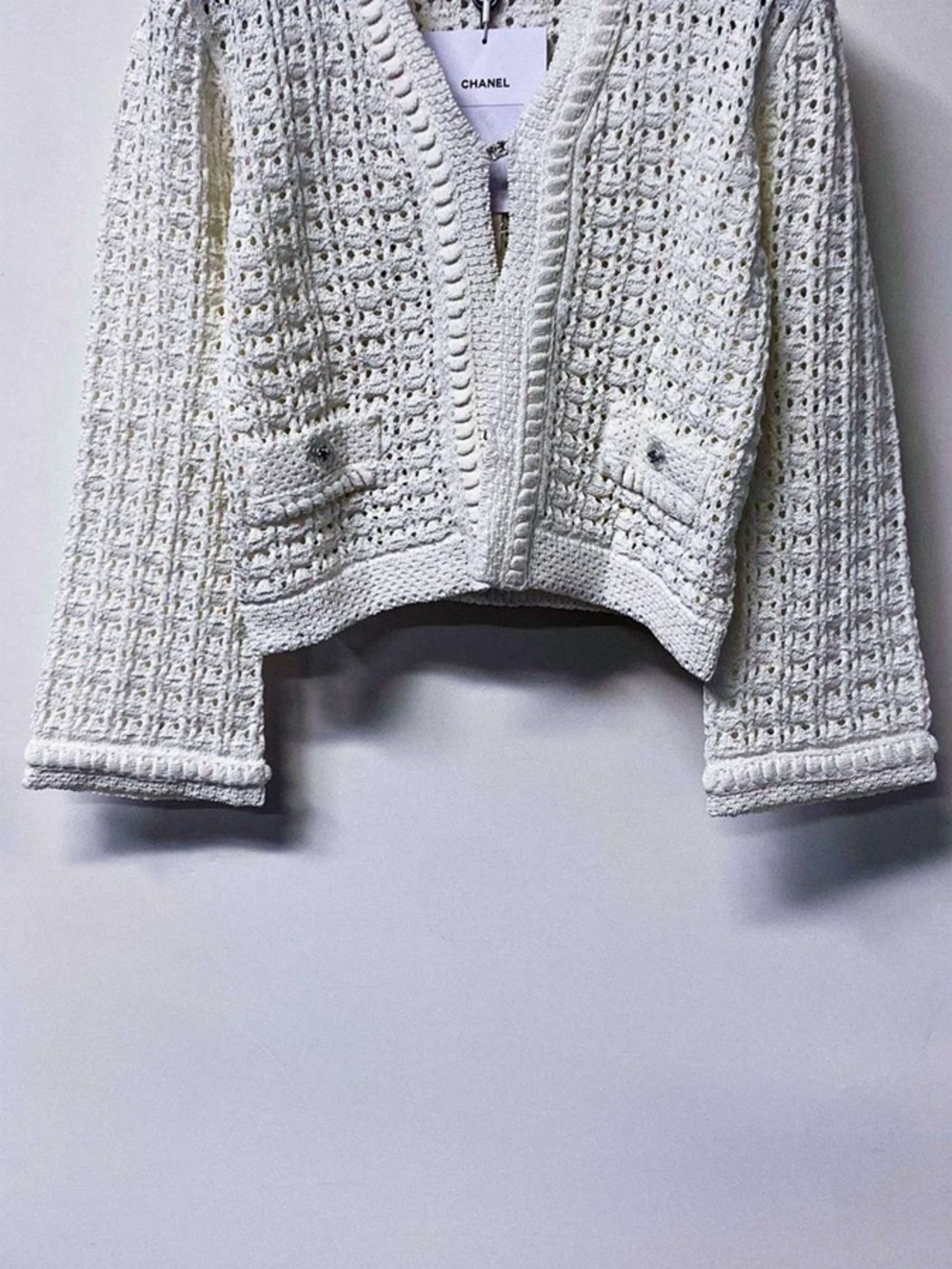 Chanel White Hollow Knit Short Designer Cardigan Jacket - Picture 6 of 6